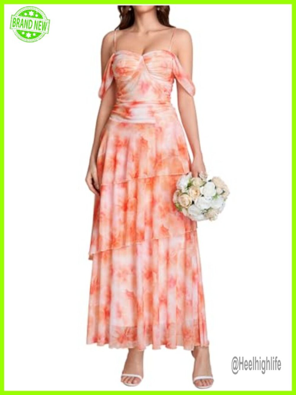 KUTUMAI Floral Mesh Tiered Maxi Dress Off Shoulder Wedding Guest